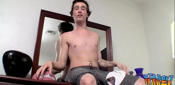  Skinny straight thug with tattoos grabs his dick and wanks